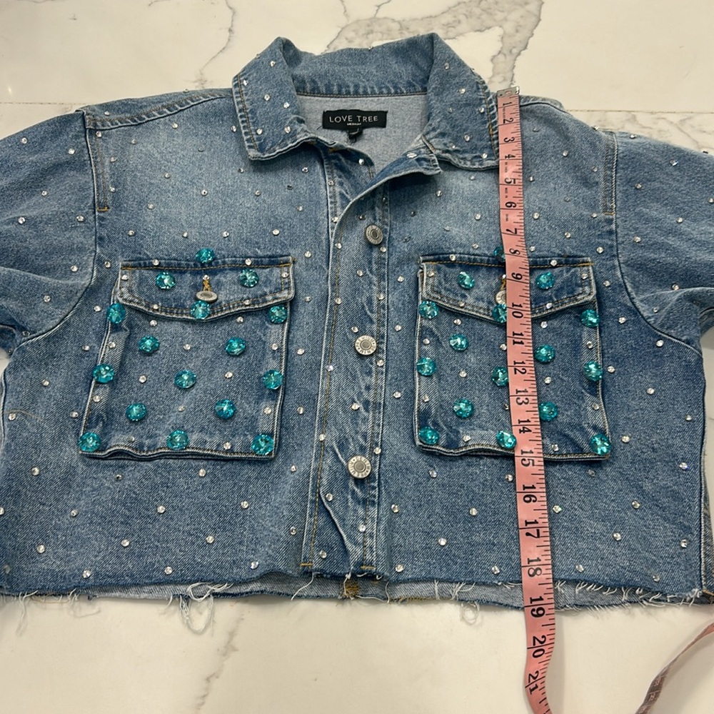 Custom Made Evil Eye New With Tags Love Tree Bling Denim Cut off Jacket. Size M - Picture 15 of 17